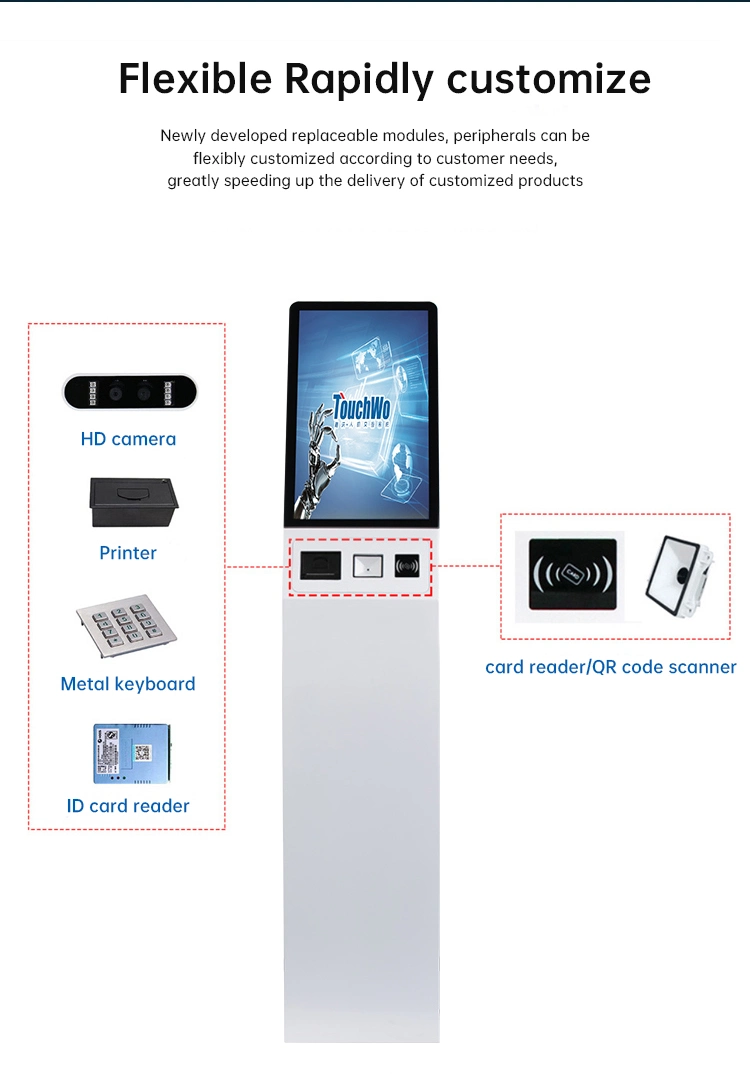 Curved 23.6 32 39 43 Inch Floor Standing Touchscreen Self Service Queue Kiosk Bank Restaurant Menu Hotel Ordering